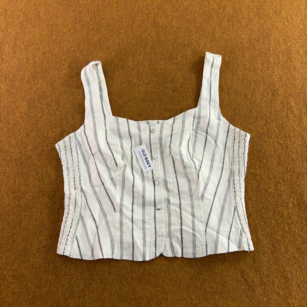 Old Navy Womens Large White Striped Button Front Smocked Linen Blend Top NWT